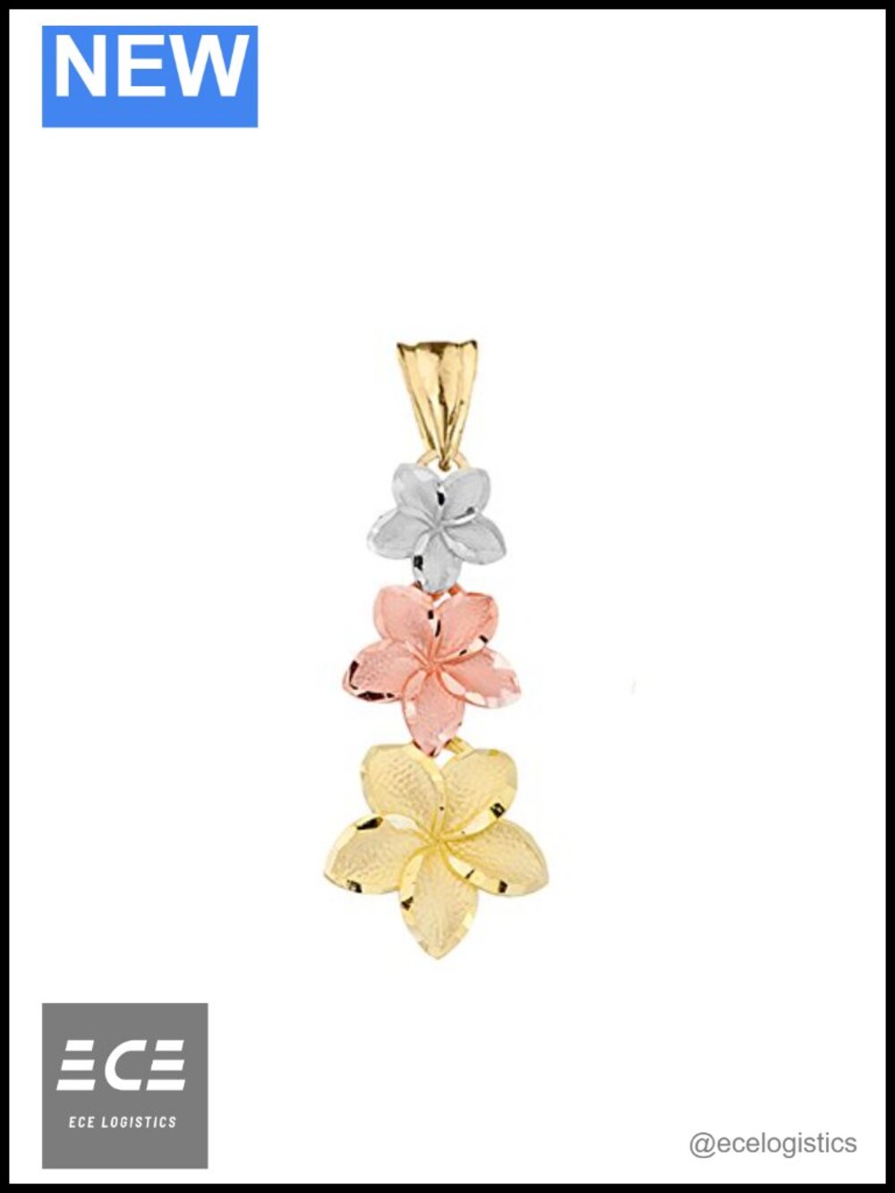 10K Tri-Color Gold Hawaiian Plumeria Flower Charm Pendant Necklace